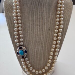 Vintage Panetta Faux Pearl Necklace w/Stones & Matching Ring